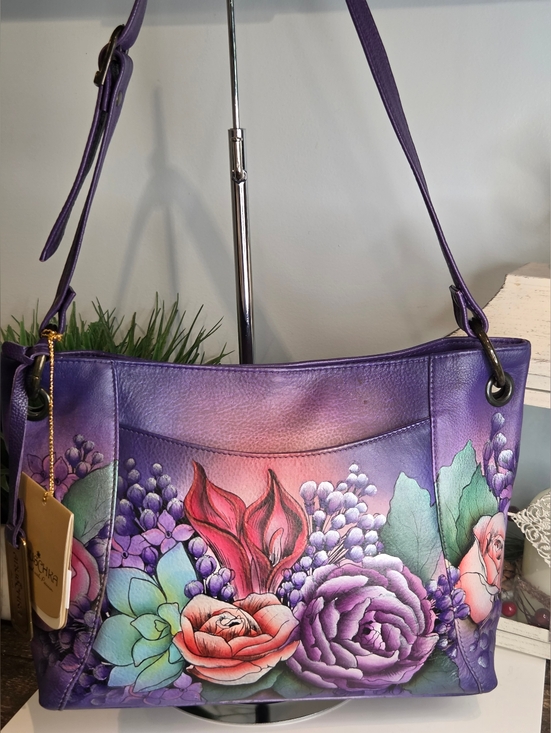 Anuschka Handbags - Anuschka Hand-Painted Purple Floral Leather Shoulder Bag